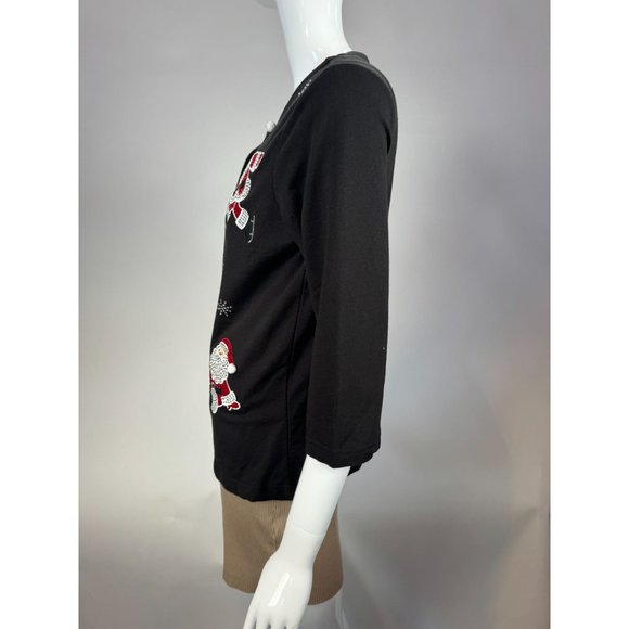 Onque Casual Vintage Skating Santa Cardigan Small Black Cotton Missing Button - Picture 6 of 16